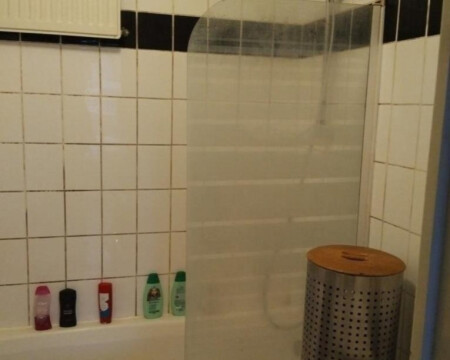 Badkamer met ligbad en wasmachine 