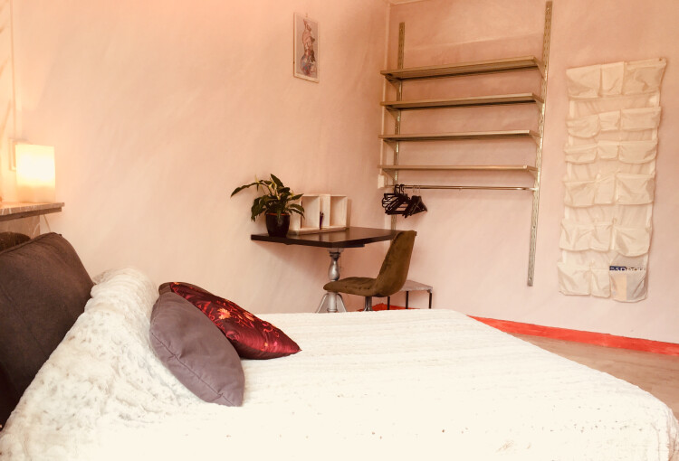 Plenty of space for cloths, and a desk.( there is extra storage space outside)